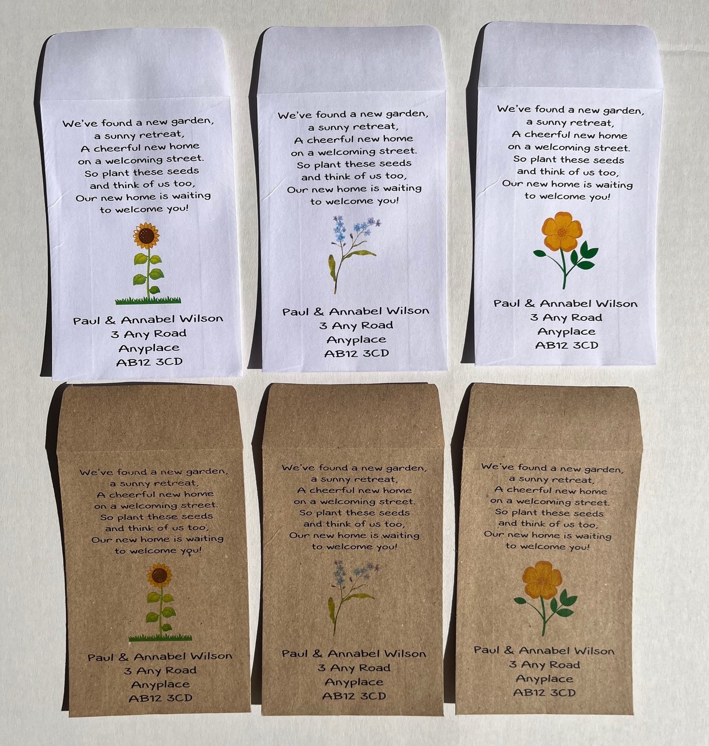 Personalised New Home Seed Packet Announcements, Change of Address Envelopes, White and Kraft Paper Options with Sunflower, Forget-me-not and Wildflower Seed Choice
