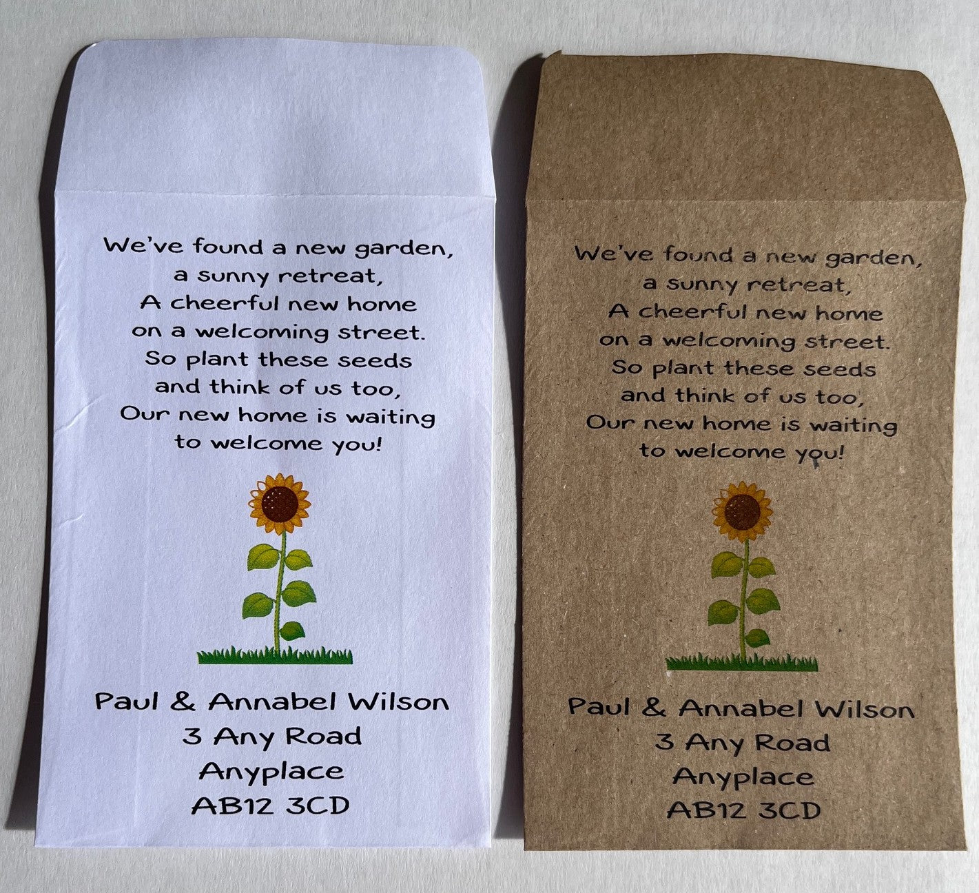 Personalised New Home Seed Packet Announcements, Change of Address Envelopes, White and Kraft Paper Options with Sunflower, Forget-me-not and Wildflower Seed Choice