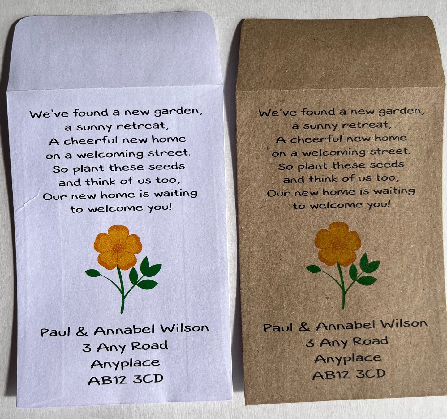 Personalised New Home Seed Packet Announcements, Change of Address Envelopes, White and Kraft Paper Options with Sunflower, Forget-me-not and Wildflower Seed Choice
