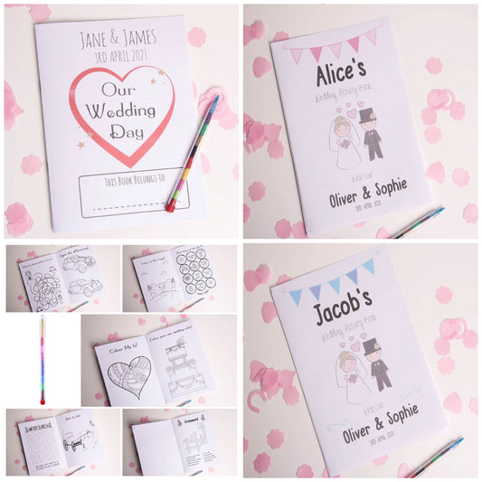 Personalised Children's Wedding Activity Booklet With 11 Colour Crayon - 3 Designs
