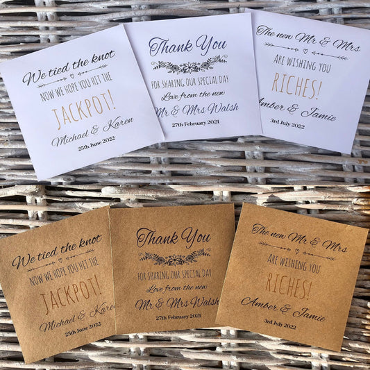 Personalised Wedding Favours, Scratch Card Holders, 3 Designs in White or Kraft - 116 mm square envelope