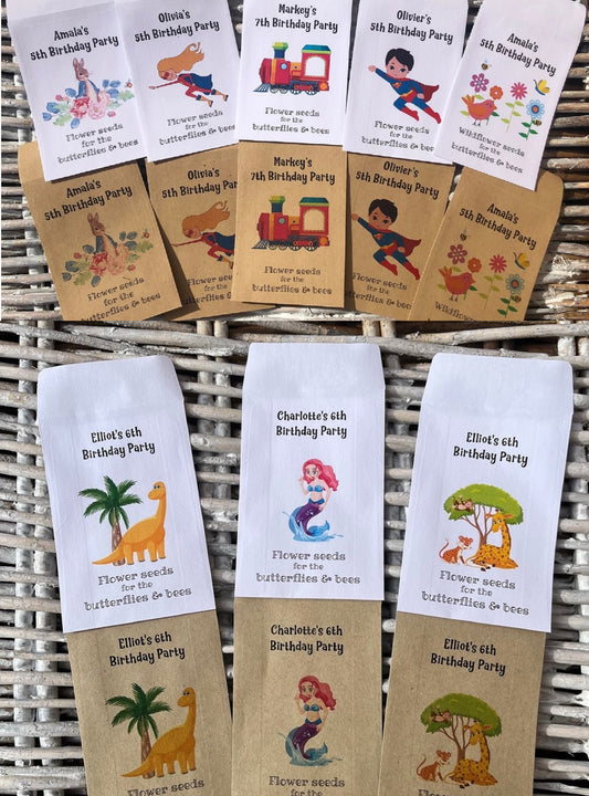Children's Seed Packet Birthday Party Bag Fillers, Personalised - White or Recycled Kraft - 8 designs