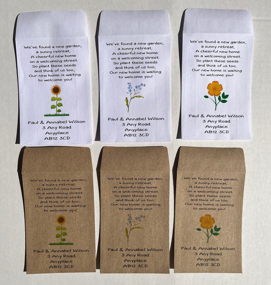 Personalised New Home Seed Packet Announcements, Change of Address Envelopes, White and Kraft Paper Options with Sunflower, Forget-me-not and Wildflower Seed Choice
