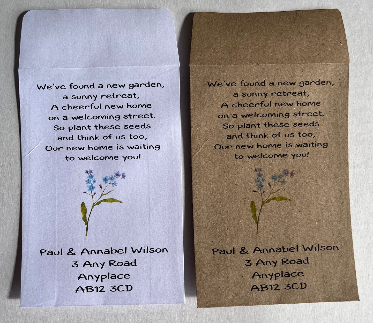 Personalised New Home Seed Packet Announcements, Change of Address Envelopes, White and Kraft Paper Options with Sunflower, Forget-me-not and Wildflower Seed Choice