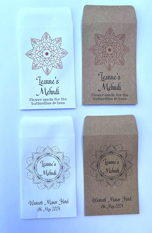 Personalised Mehndi/Dholki/Haldi Seed Packets, Ceremony Favours, White and Kraft