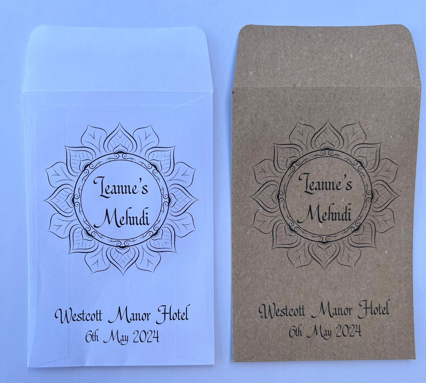 Personalised Mehndi/Dholki/Haldi Seed Packets, Ceremony Favours, White and Kraft