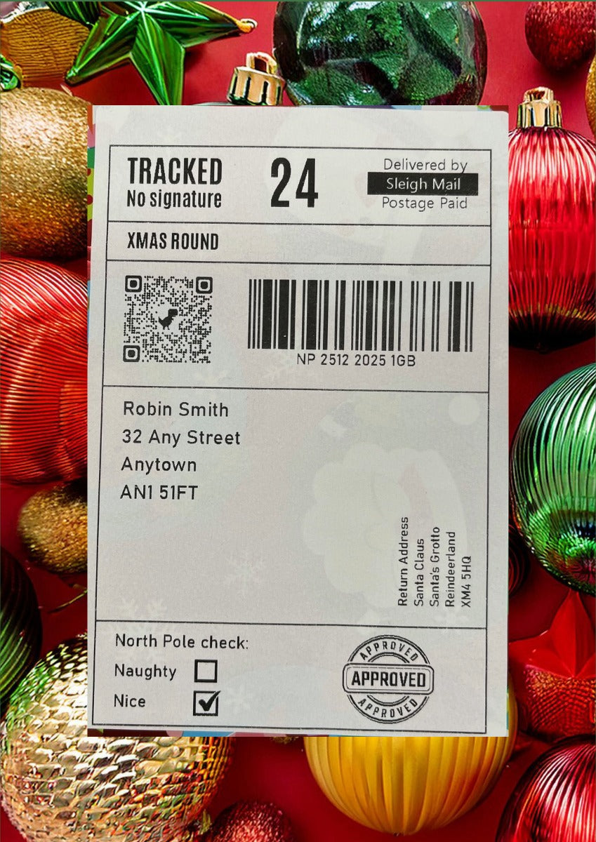 North Pole Special Delivery Christmas Label Stickers, Personalised Santa Mail Tracking Labels, Black and White, Self-Adhesive, Packs of 5