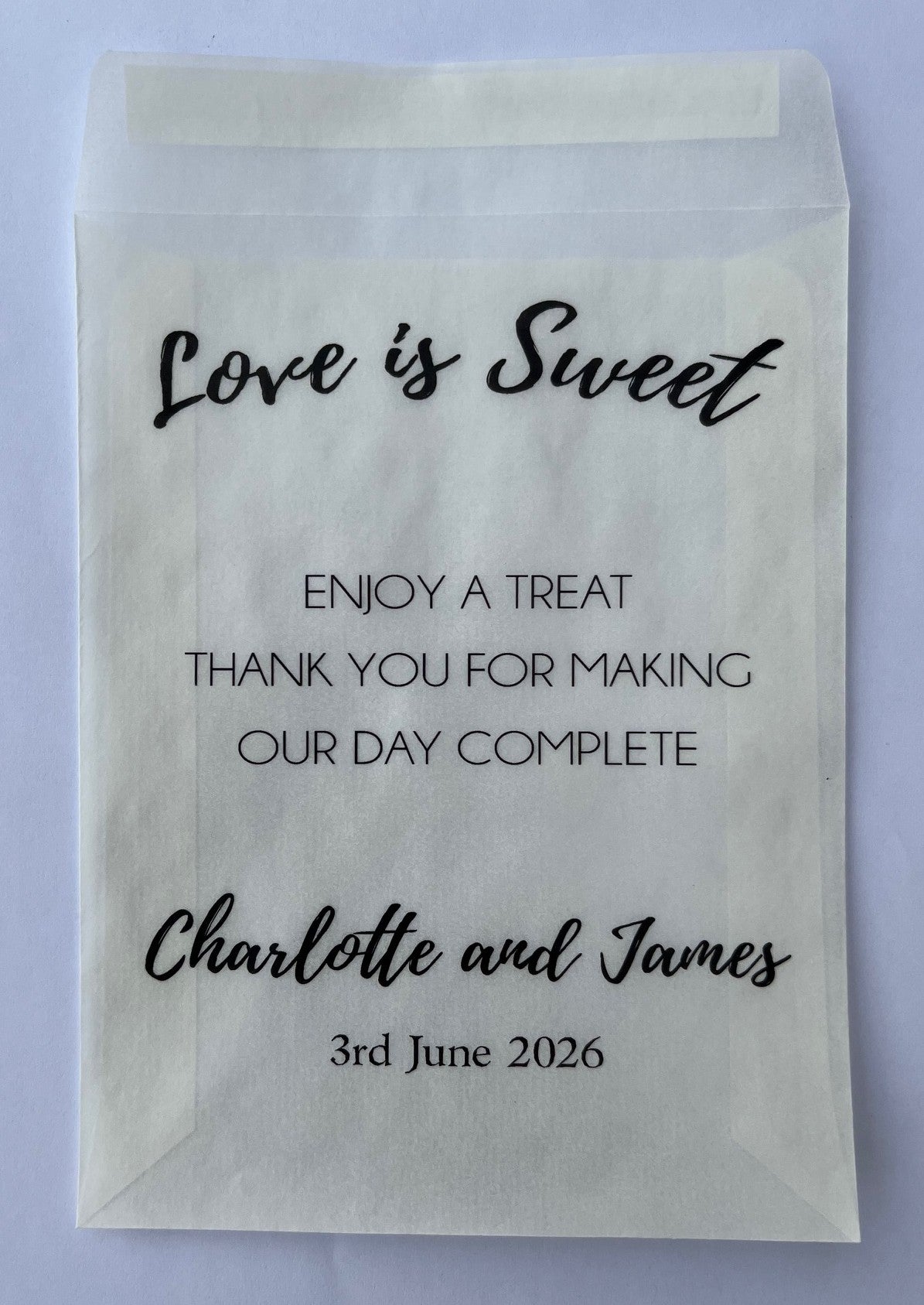 Personalised Glassine Wedding Treat Bag, For Sweets, Lollies, Koufeta Gift Favours - 113 x 87mm