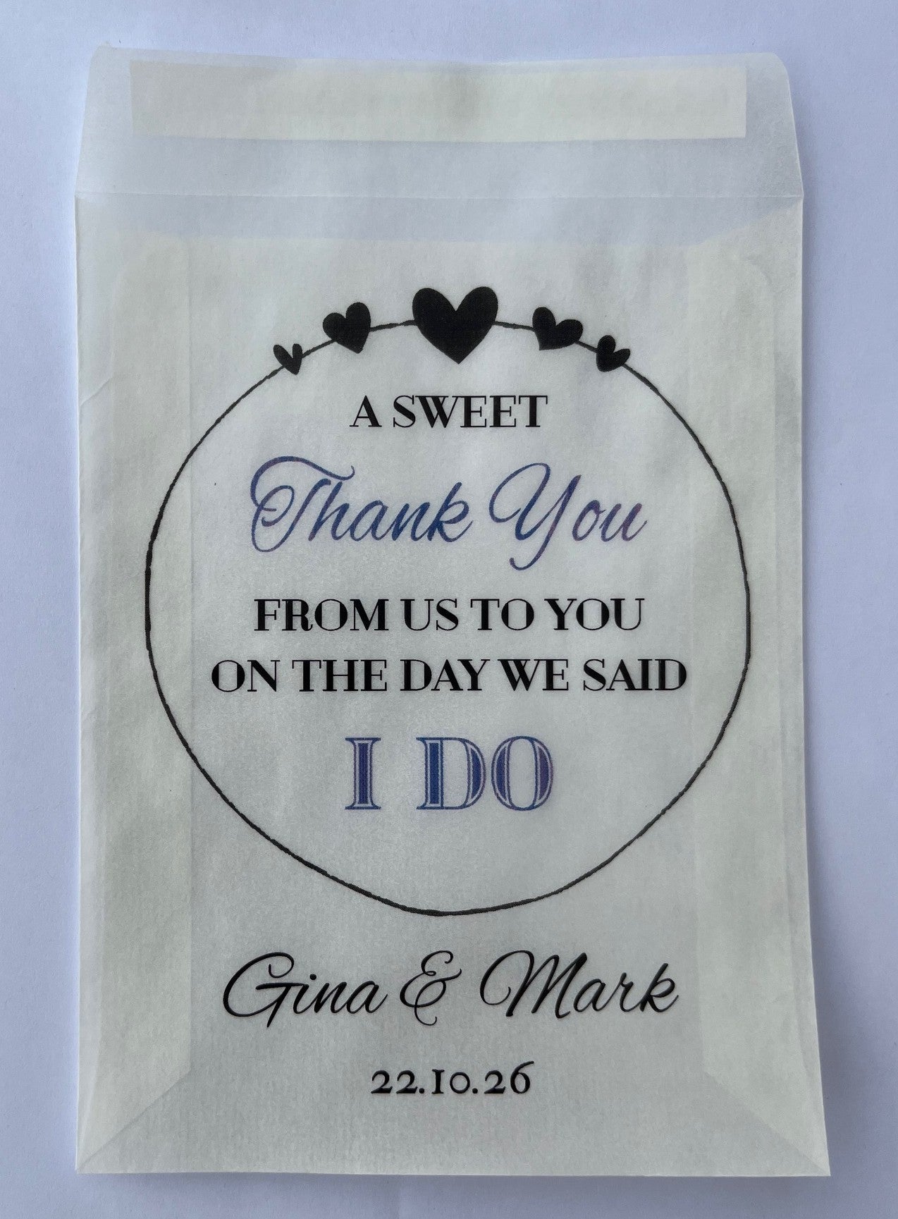Personalised Glassine Wedding Treat Bag, For Sweets, Lollies, Koufeta Gift Favours - 113 x 87mm