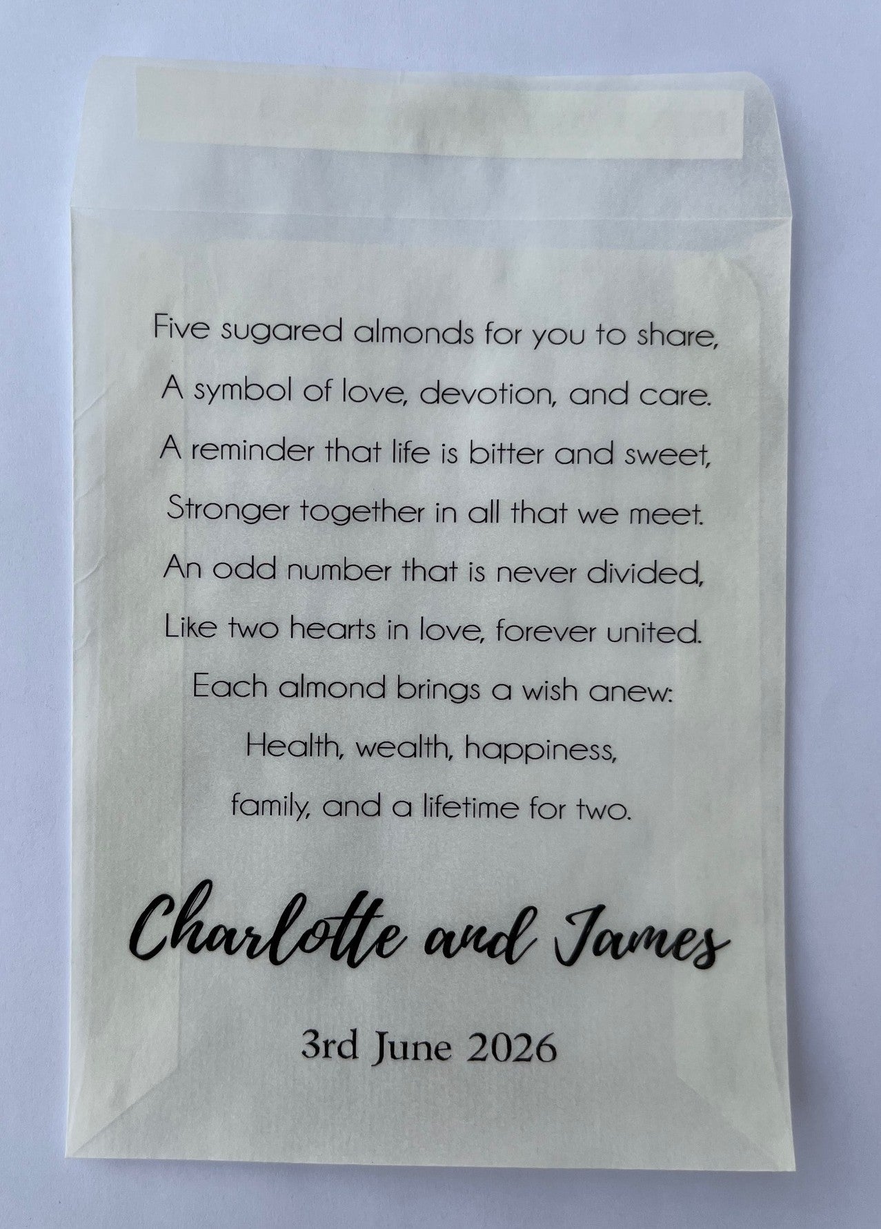 Personalised Glassine Wedding Treat Bag, For Sweets, Lollies, Koufeta Gift Favours - 113 x 87mm