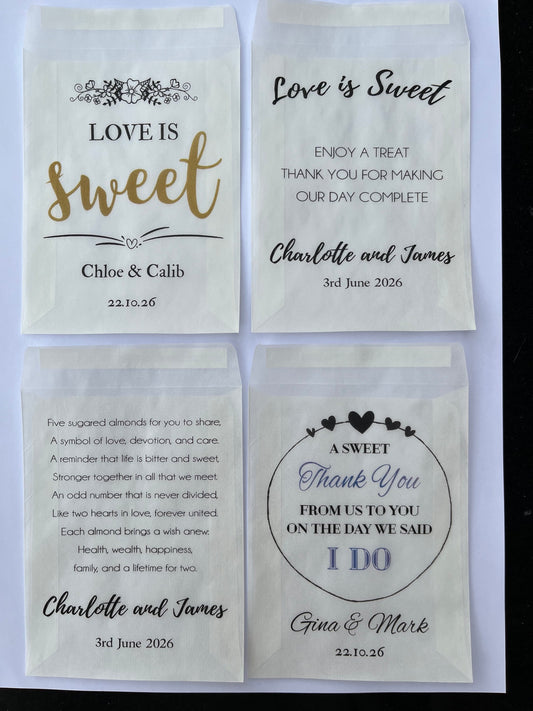 Personalised Glassine Wedding Treat Bag, For Sweets, Lollies, Koufeta Gift Favours - 113 x 87mm